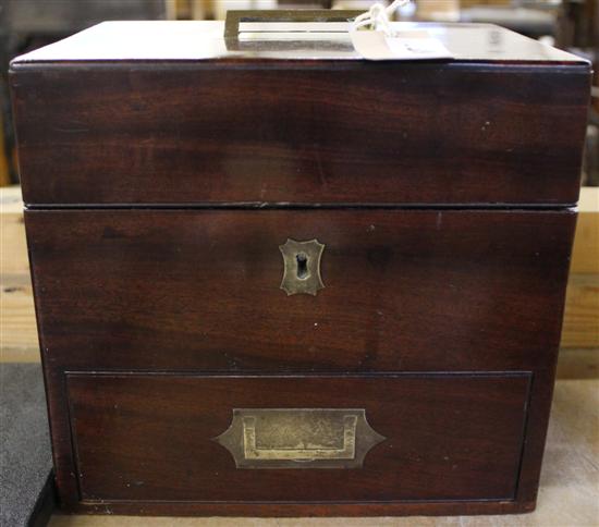 19C travelling apothecary chest, compartmented top & drawer under, some glass fitments, tortoiseshell folding knife etc